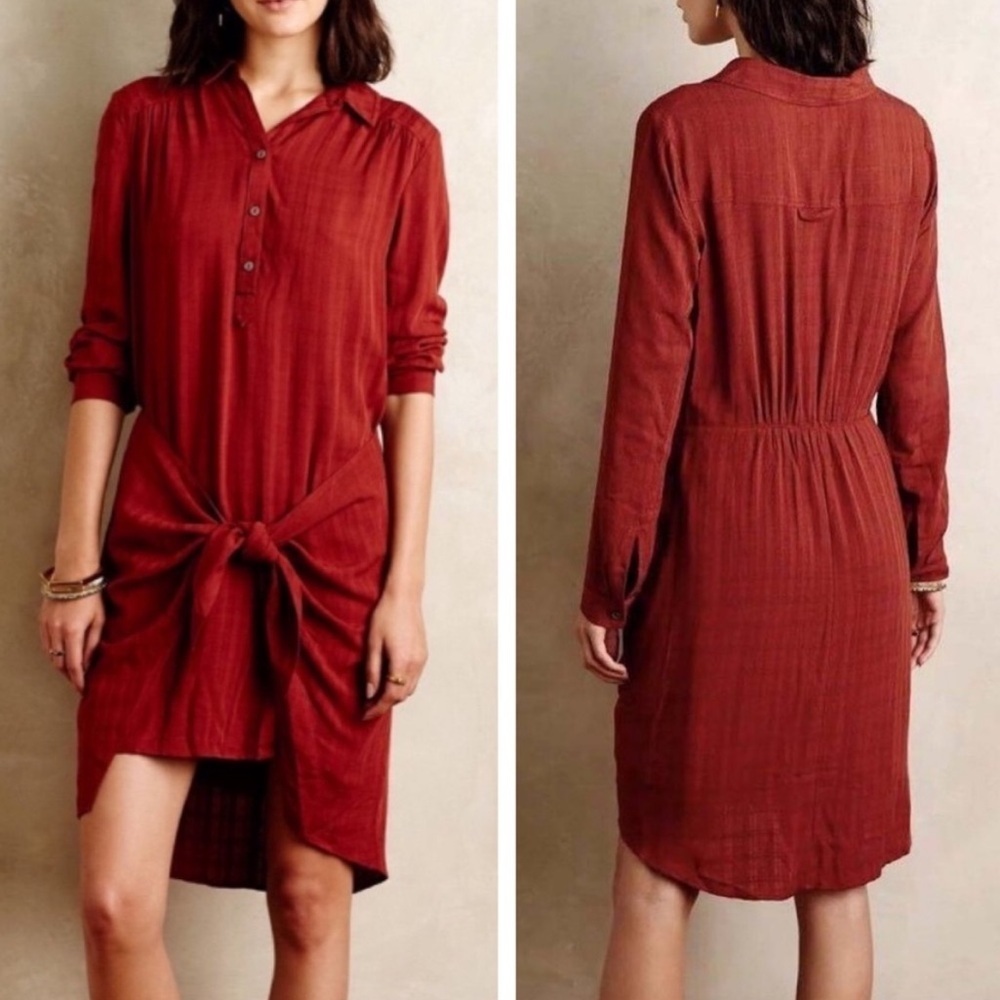 Maeve Anthropologie Bloomsbury Tie Waist Shirt Dress Rust Orange Size 6